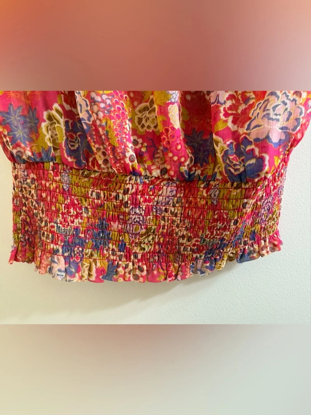 Joie Pink Floral Sheer Ruffle Sleeve Blouse - Smocked Waist - Size XS/TP